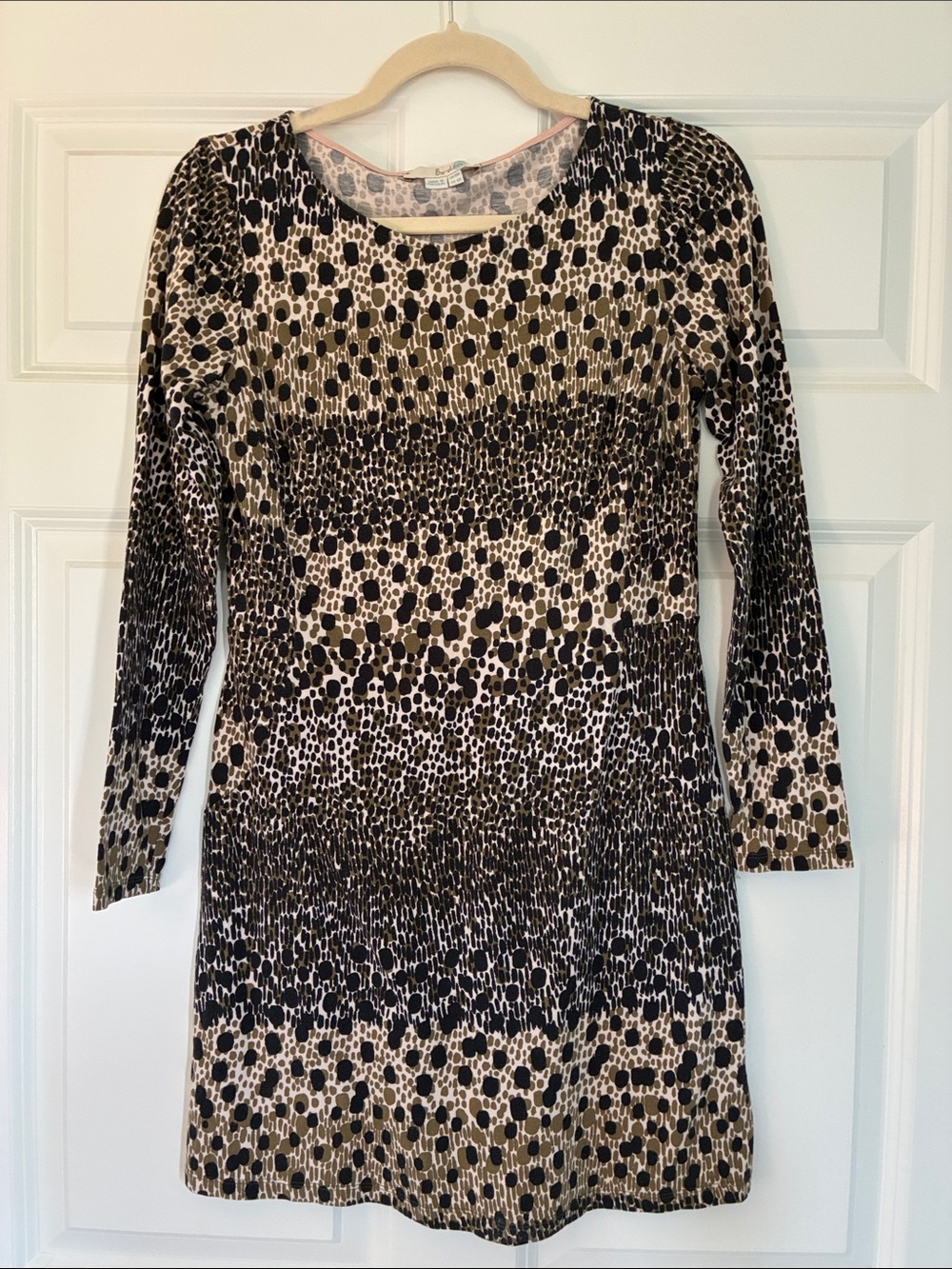 Boden Long Sleeve Animal Print Shift Dress in Black and Beige